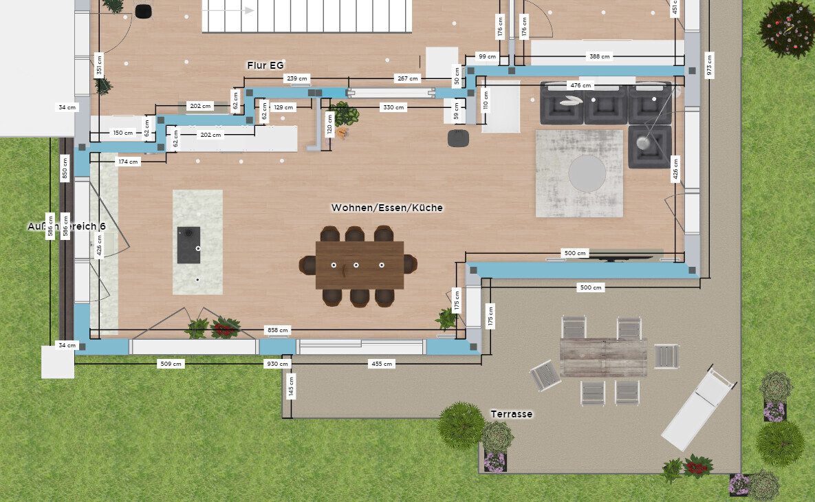 Offener Grundriss: Wohnzimmer, Ess- und Küchenteil mit Terrasse und Garten.