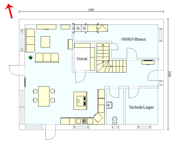 Grundriss eines Hauses: Wohnzimmer, Küche mit Essecke, Vorrat, Technik/Lager, HWR/Fitness