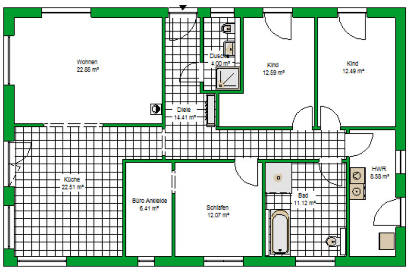 Grundriss eines Apartments: Wohnen, Küche, Schlafen, zwei Kinderzimmer, Bad, Diele, HWR.