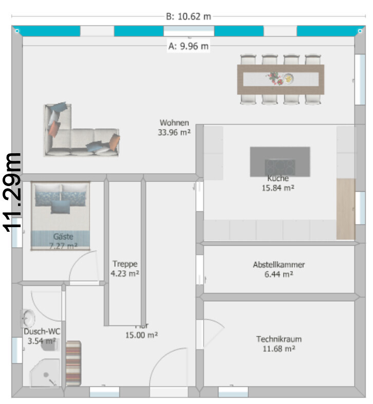Grundriss eines Hauses: Wohnzimmer, Küche, Flur, Treppenhaus, Dusch-WC, Technikraum, Abstellkammer.