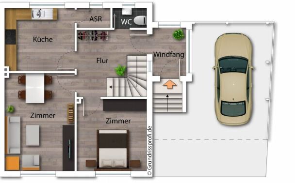 Grundriss eines Hauses: Küche, Flur, zwei Zimmer, Windfang, WC, ASR, Treppe, Garage mit Auto.