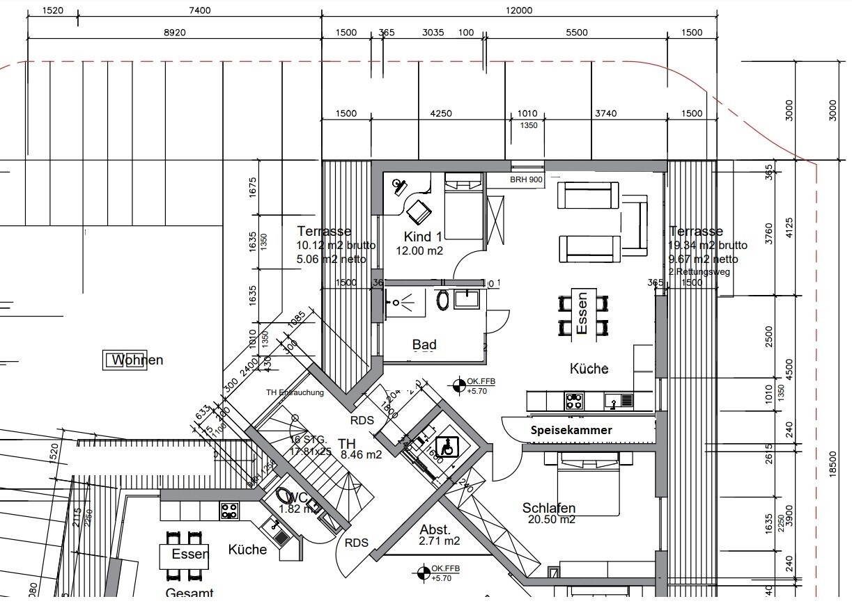 Grundriss eines Wohnhauses: Terrasse, Wohnen, Schlafen, Kind 1, Küche, Essbereich, Speisekammer, Bad.