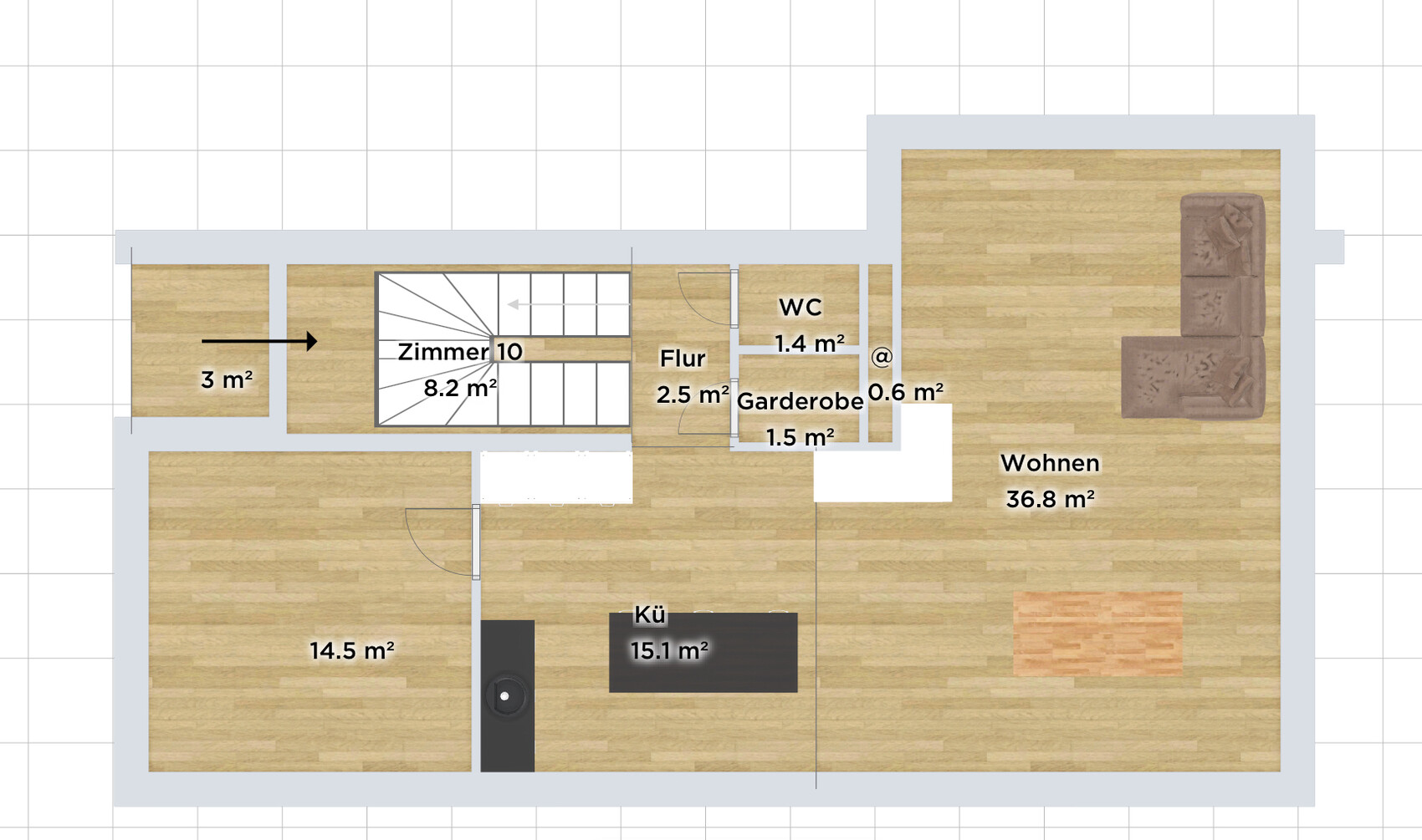 Grundriss einer Wohnung: Wohnen 36,8 m², Küche 15,1 m², Zimmer 8,2 m², Flur 2,5 m², WC 1,4 m².
