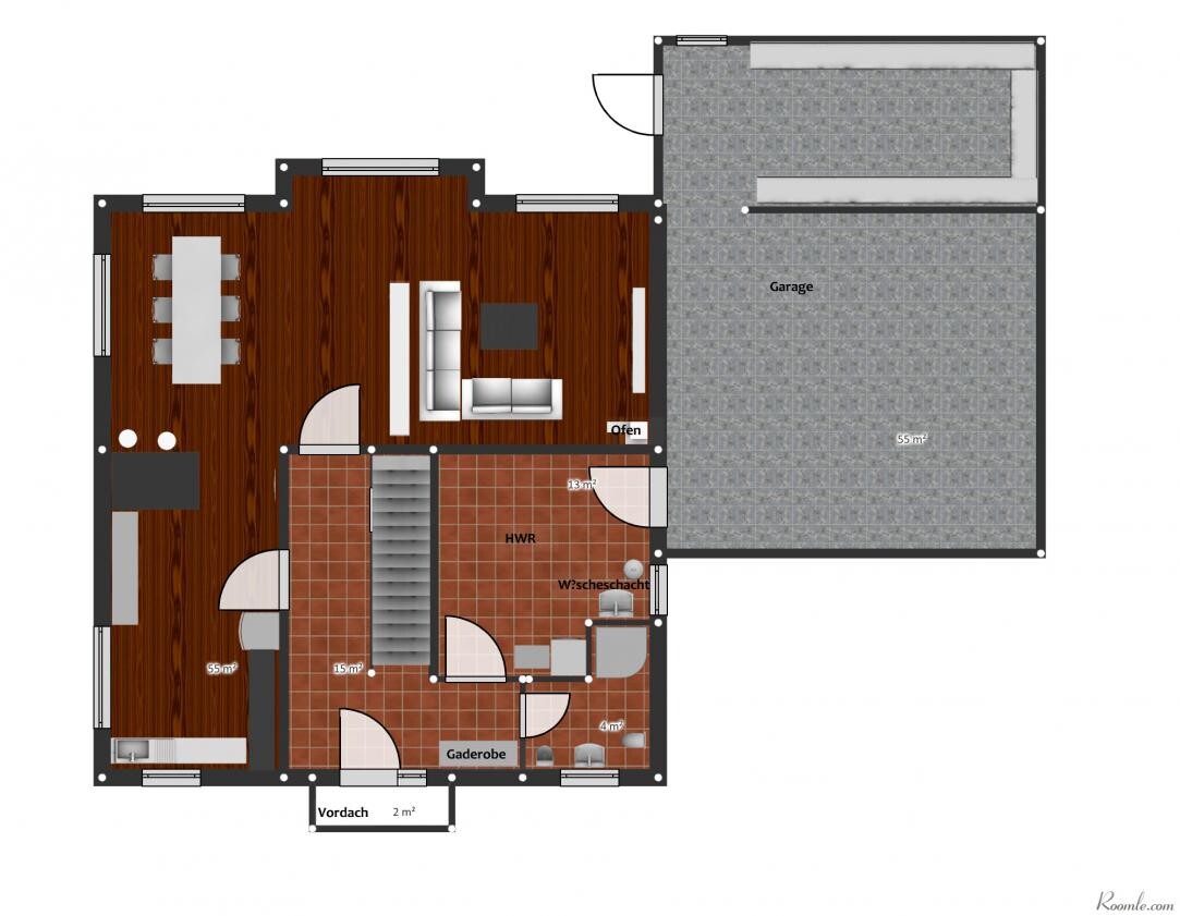 Wohnungs-Grundriss: Offene Küche/Essbereich links, Wohnzimmer, Flur, HWR, Garderobe, Garage rechts.