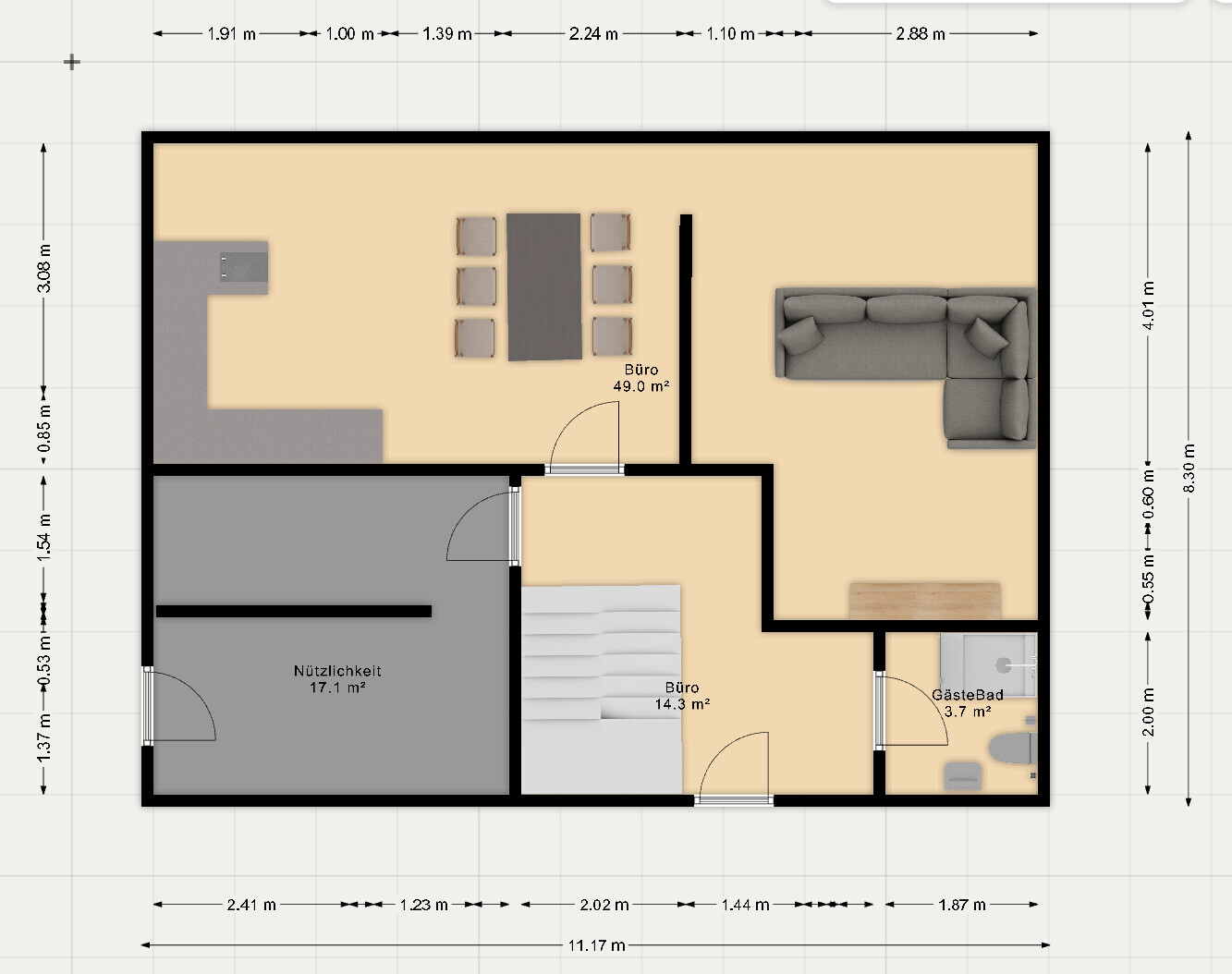Grundriss eines Wohn- und Arbeitsraums mit Küche, Essbereich, Büro, Schlafzimmer und Gästebad.