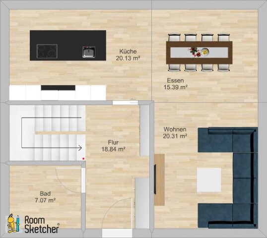 Grundriss eines Apartments mit Küche, Essen, Wohnen, Flur, Bad und Treppenaufgang