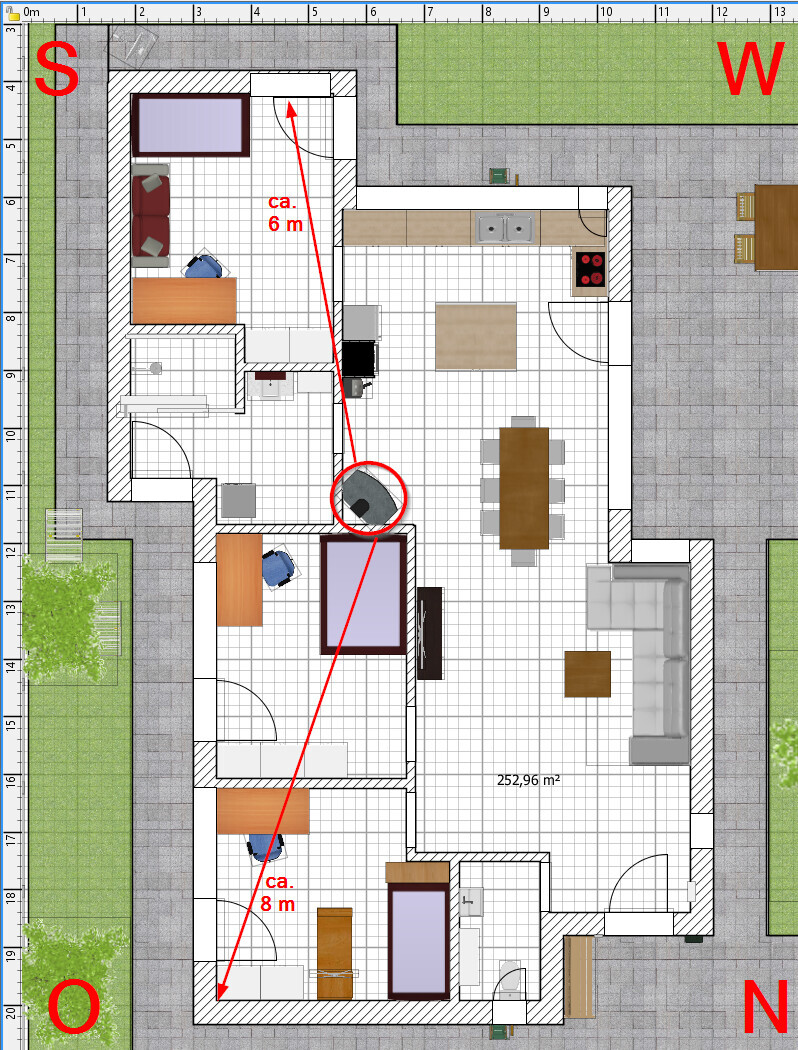 Grundriss eines Hauses mit Küche, Ess- und Wohnbereich; rote Linien zeigen ca. 6 m, 8 m.
