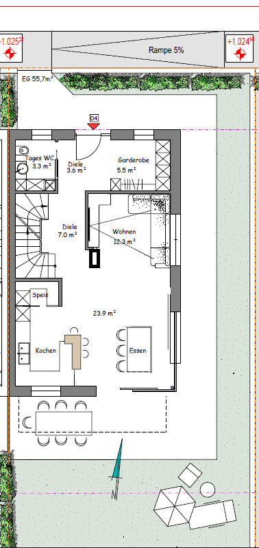 Grundriss Erdgeschoss eines Hauses mit Diele, WC, Garderobe, Wohnen, Kochen, Essen, Terrasse/Garten.