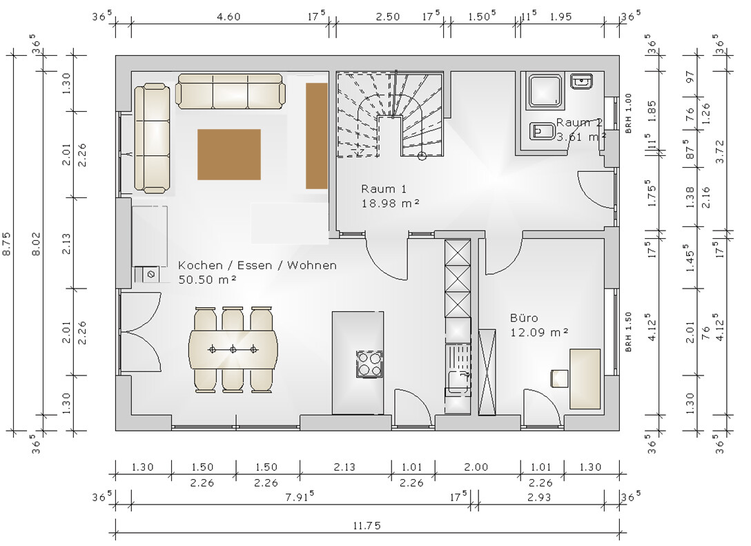Offener Grundriss eines Hauses mit Küche, Essbereich und Wohnzimmer