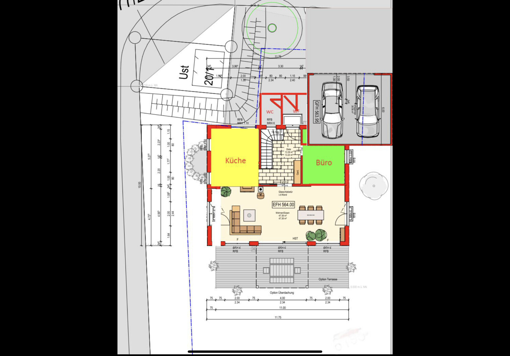 Grundriss eines Hauses: Küche (Gelb), Büro (Grün), offener Wohnbereich, Garage.