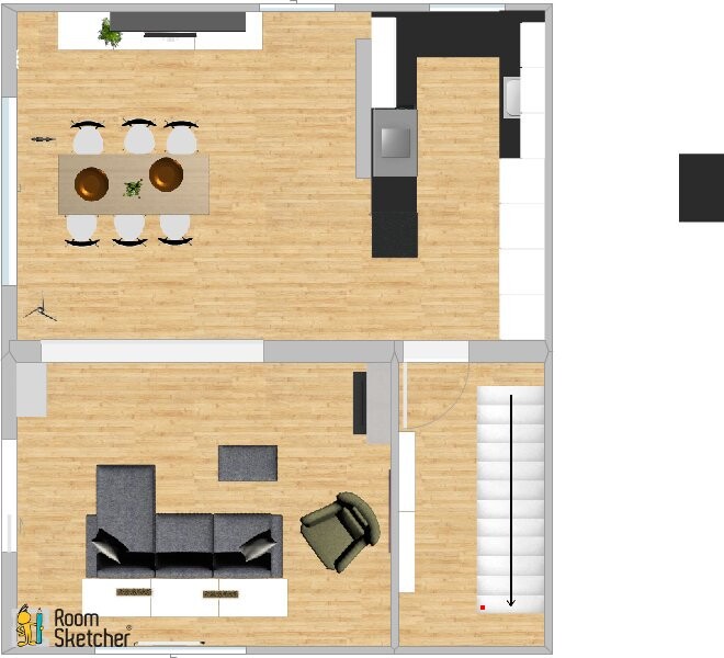 Grundriss: offener Wohn- und Essbereich mit Küche, Esstisch, Sofa und Treppe.