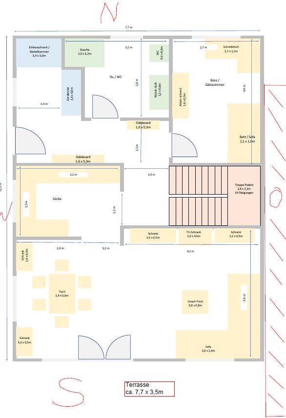 Grundriss einer Wohnung: Küche, Essbereich, Wohnzimmer, Bad, Büro, Terrasse.