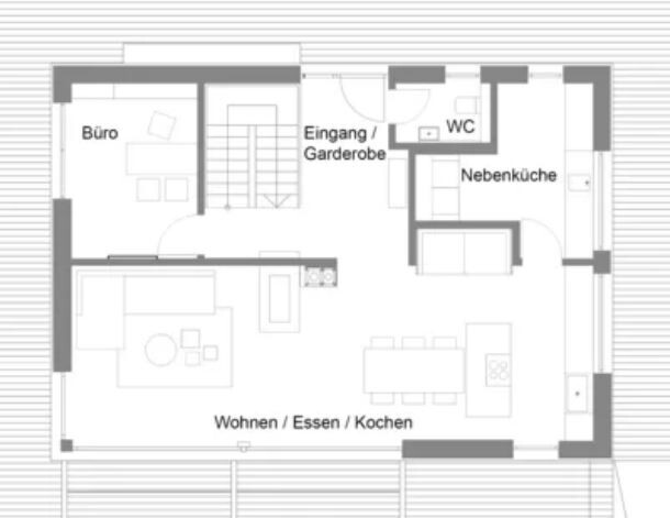 Grundriss eines Hauses mit Eingang/Garderobe, Büro, WC, Neben Küche, Wohnen/Essen/Kochen.