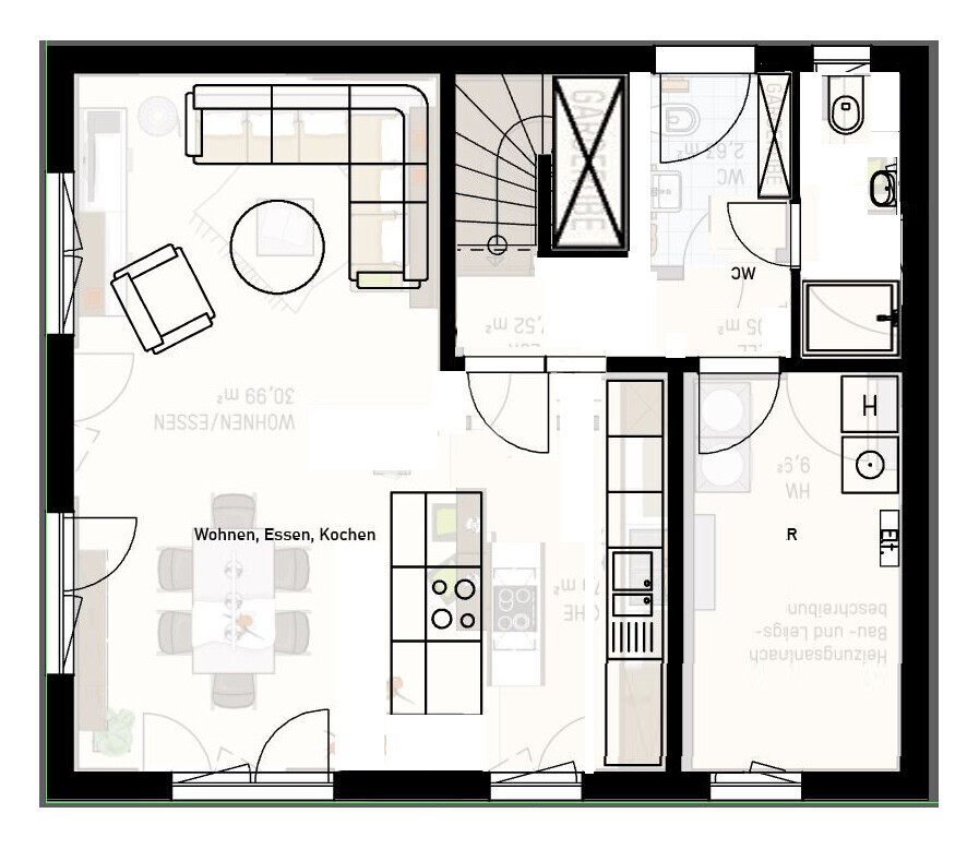 Offener Grundriss mit Wohn-/Ess-/Kochbereich, Insel, Sofa und Esstisch; Bad, WC und weitere Räume.