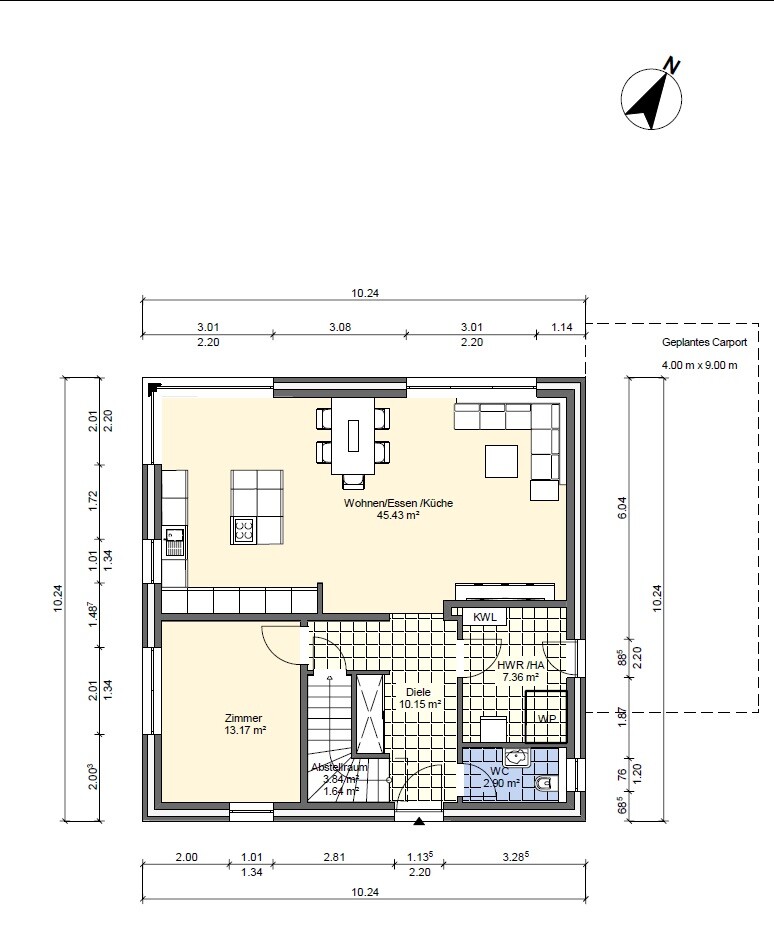 Grundriss eines Hauses: offener Wohn-/Ess-/Küche-Bereich, Zimmer, Diele, WC, HWR, Abstellraum, Carport