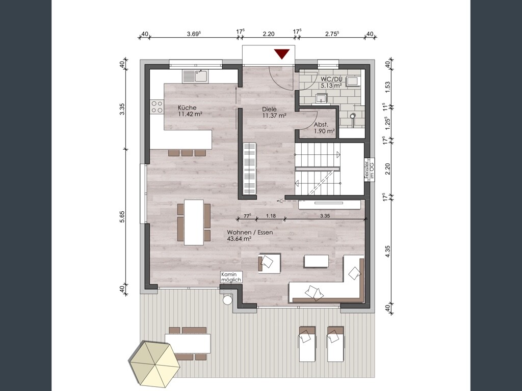 Grundriss eines Einfamilienhauses mit offener Küche, Wohnzimmer, Diele und Terrasse.
