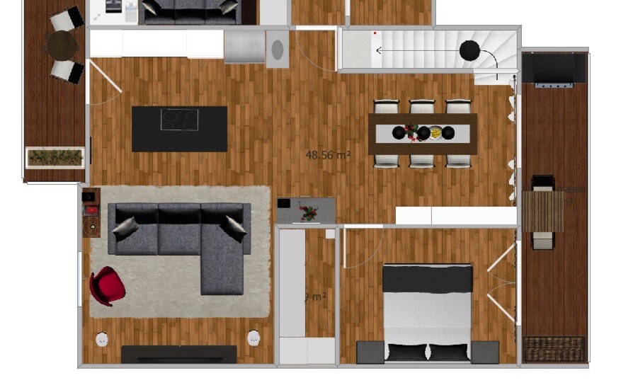 Offener Grundriss eines Hauses: Küche mit Insel, Essbereich, Wohnzimmer und Schlafzimmer
