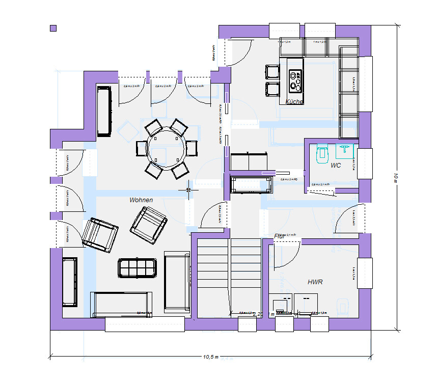 Grundriss eines Hauses mit Wohnen/Essbereich, Küche, Flur, HWR, WC und Treppenhaus.