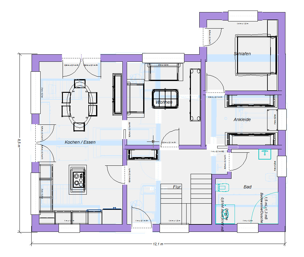 Grundriss eines Apartments: Küche/ Essen, Wohnen, Flur, Bad, Schlafen, Ankleide.