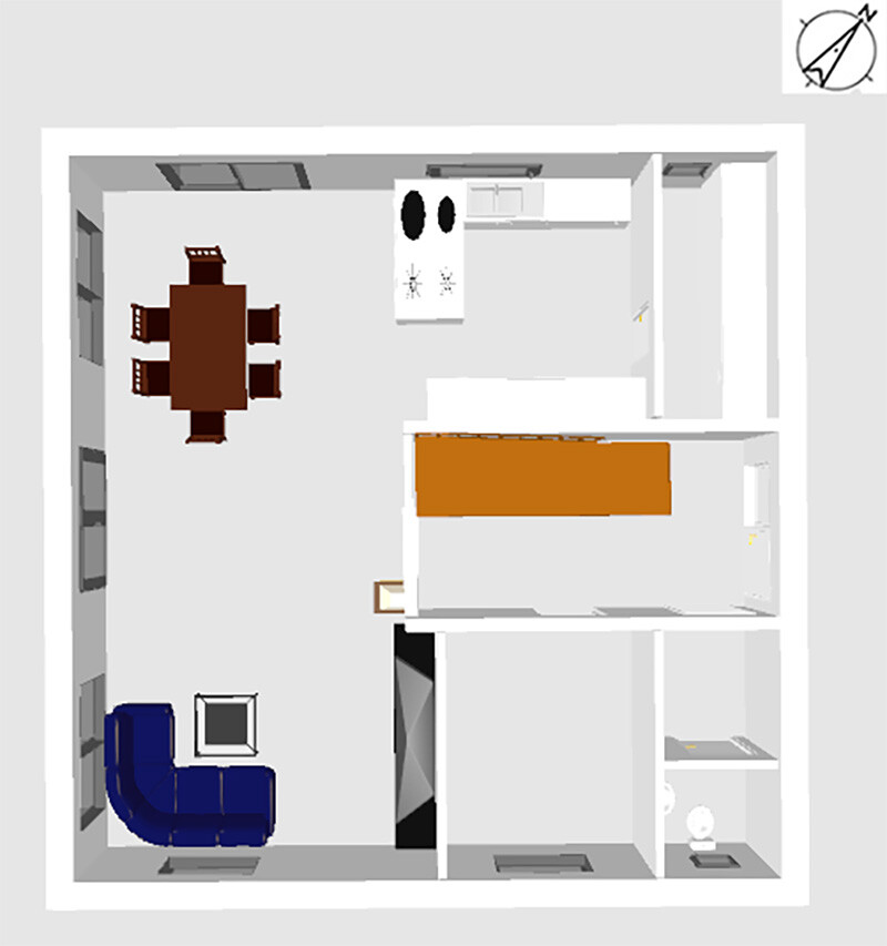 Grundriss einer Wohnung von oben: Wohnzimmer mit blauem Sofa, Esstisch, Küche, Schlafzimmer mit Bett
