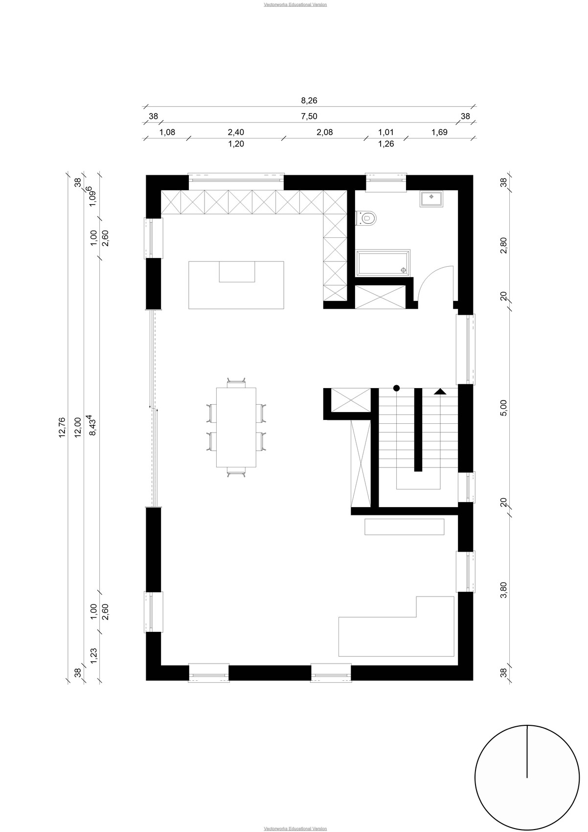 Grundriss eines offenen Wohnbereichs mit Küche, Esstisch, Badezimmer und Treppe.