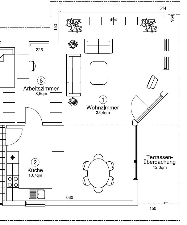 Offener Grundriss zeigt Wohnzimmer, Küche und Terrasse mit Esstisch und Sitzmöbeln.