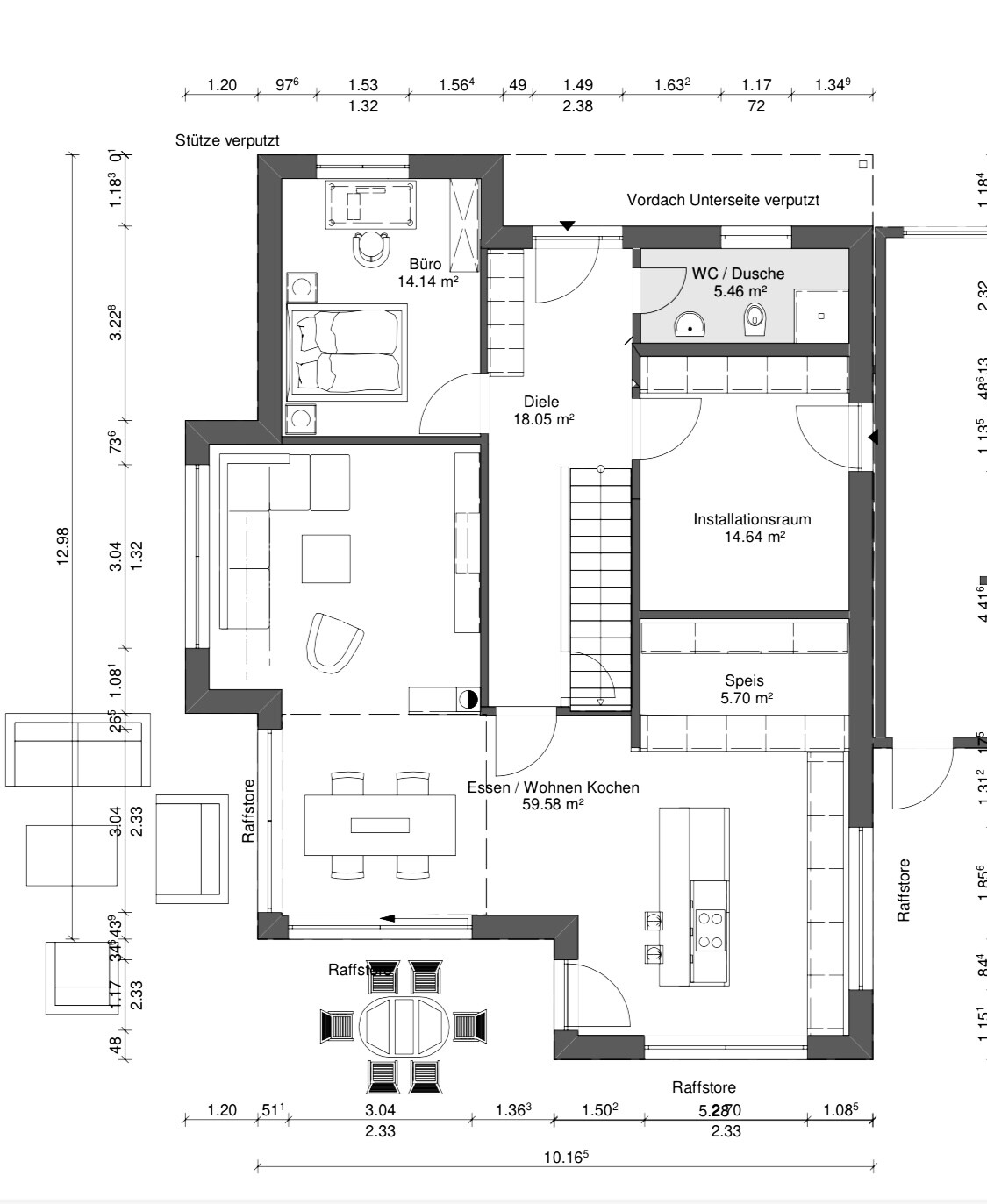 Grundriss: Offene Küche mit Ess- und Wohnbereich, Büro, Diele, WC/Dusche, Speis.