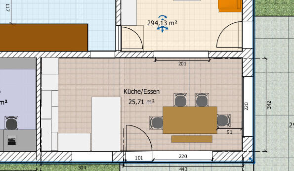 Grundriss: Küche/Essen mit Esstisch und Stühlen, 25,71 m²; angrenzende Räume und Türen sichtbar.