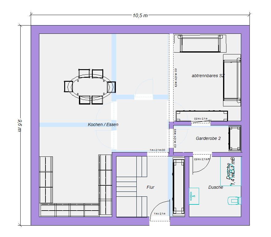 Grundriss einer Wohnung: Küche/Essen links, Flur unten, Dusche rechts, Schlafzimmer oben rechts.