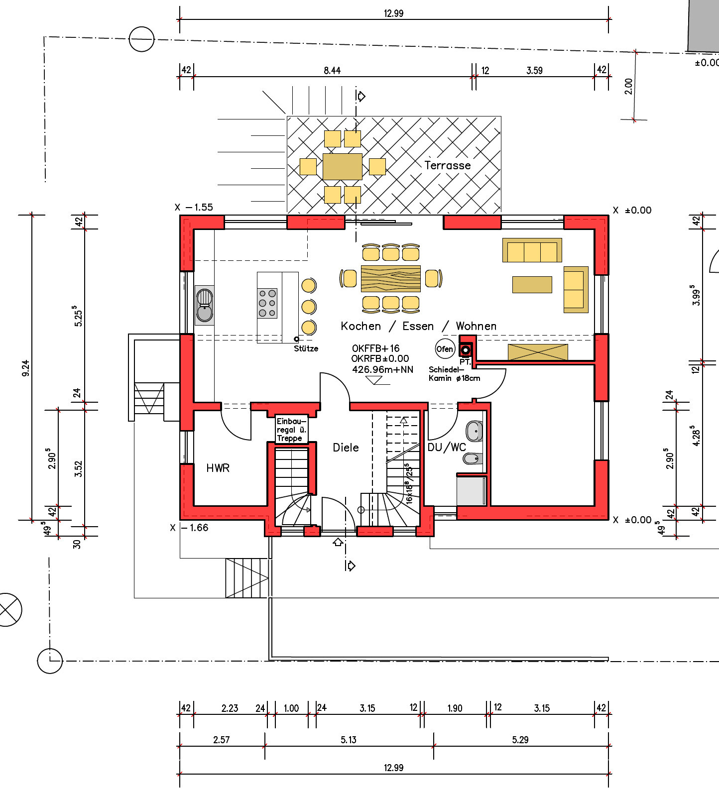 Grundriss-EG: Küche, Essen, Wohnen, Terrasse, Diele, HWR, DU/WC, Treppenhaus.