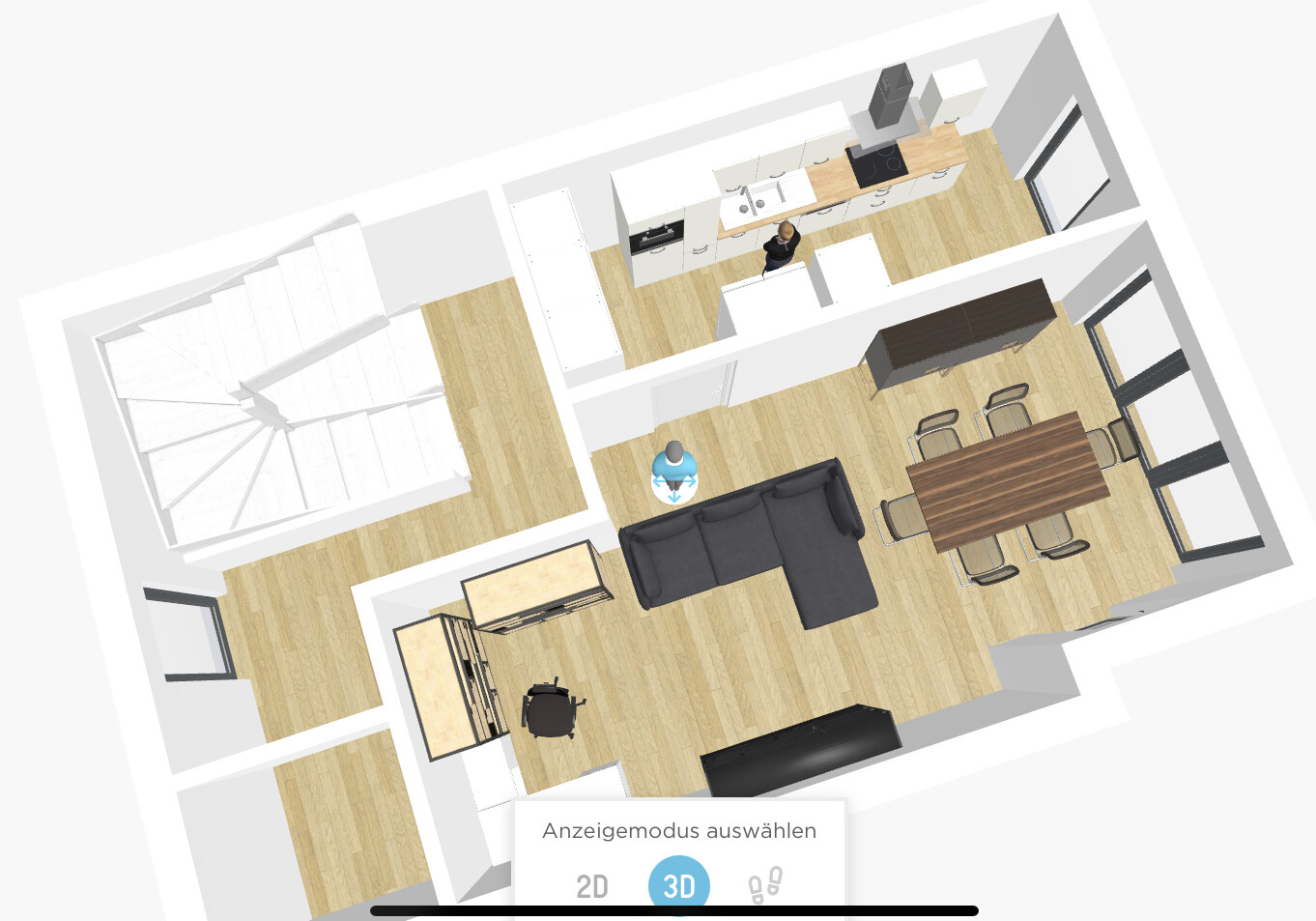 3D-Grundriss einer Wohnung: Küche, Essbereich, Wohnzimmer und Treppe.