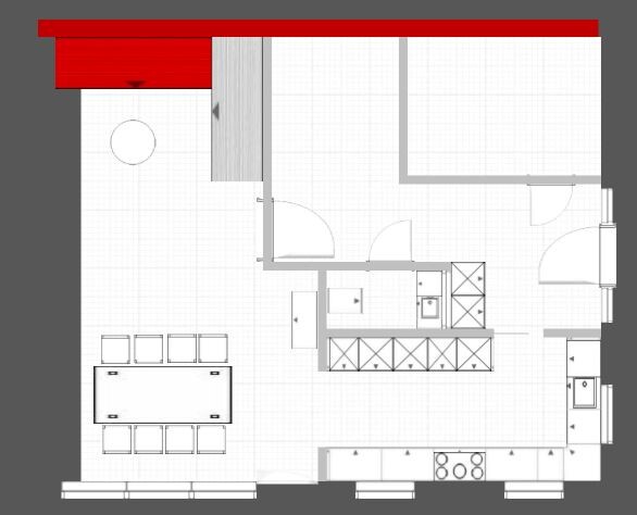 Grundriss einer Küche: Kochinsel, Spüle, Herd, Spülenschrank, Esstisch mit Stühlen.