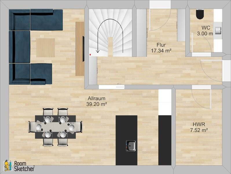 Grundriss: Wohnzimmer mit Sofa, Essecke, Kücheninsel, Flur, Treppenhaus, WC, HWR.