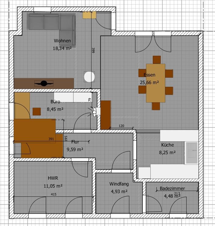 Grundriss eines Hauses: Wohnen, Essen, Küche, Flur, HWR, Windfang, Büro, Badezimmer.