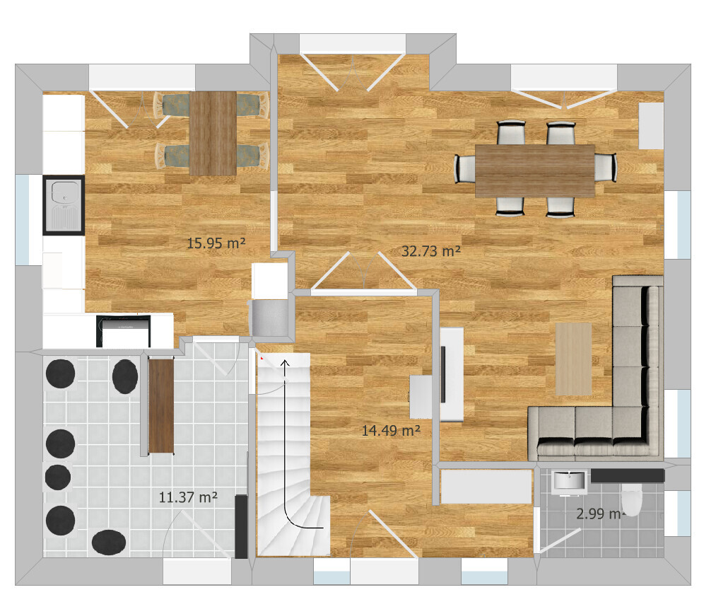 Grundriss eines offenen Wohn- und Essbereichs mit Küche, Esstisch, Sofa, Treppe, Bad.