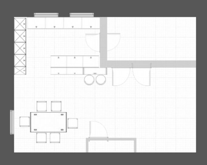Grundriss Küche und Essbereich: Küchenzeile, Insel mit Spüle, Esstisch und Türen.