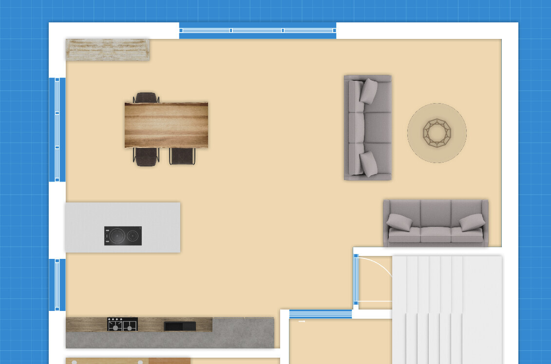 Grundriss eines Wohn-/Essbereichs: Esstisch mit Stühlen links, Küchenzeile unten, Sofas rechts.