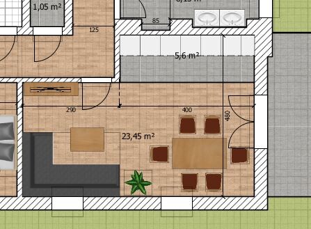 Offener Grundriss: Wohnzimmer mit Kuechenzeile, Essbereich und Esstisch