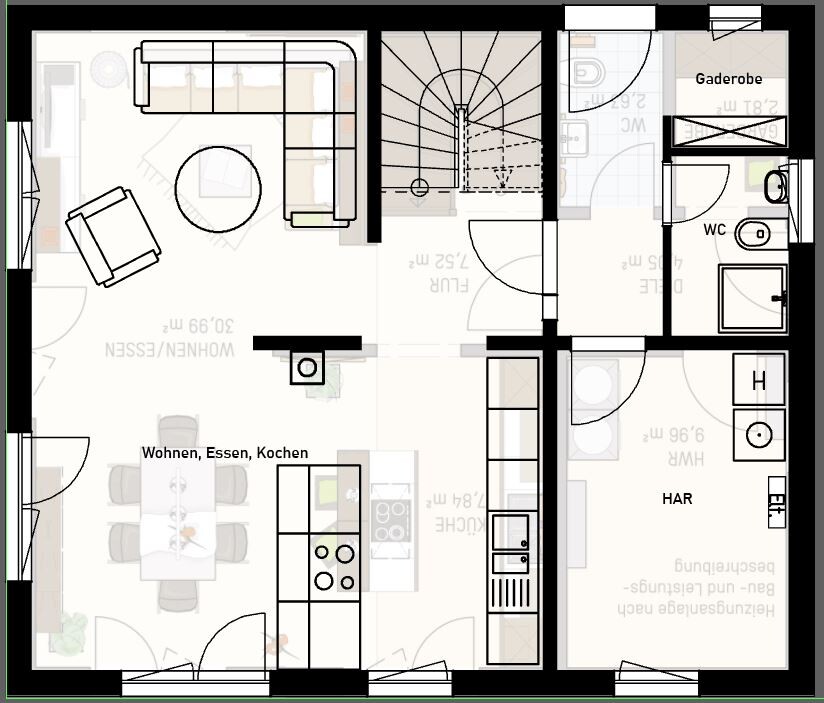 Grundriss eines offenen Wohn-, Ess- und Kochbereichs mit Treppe, Garderobe und WC