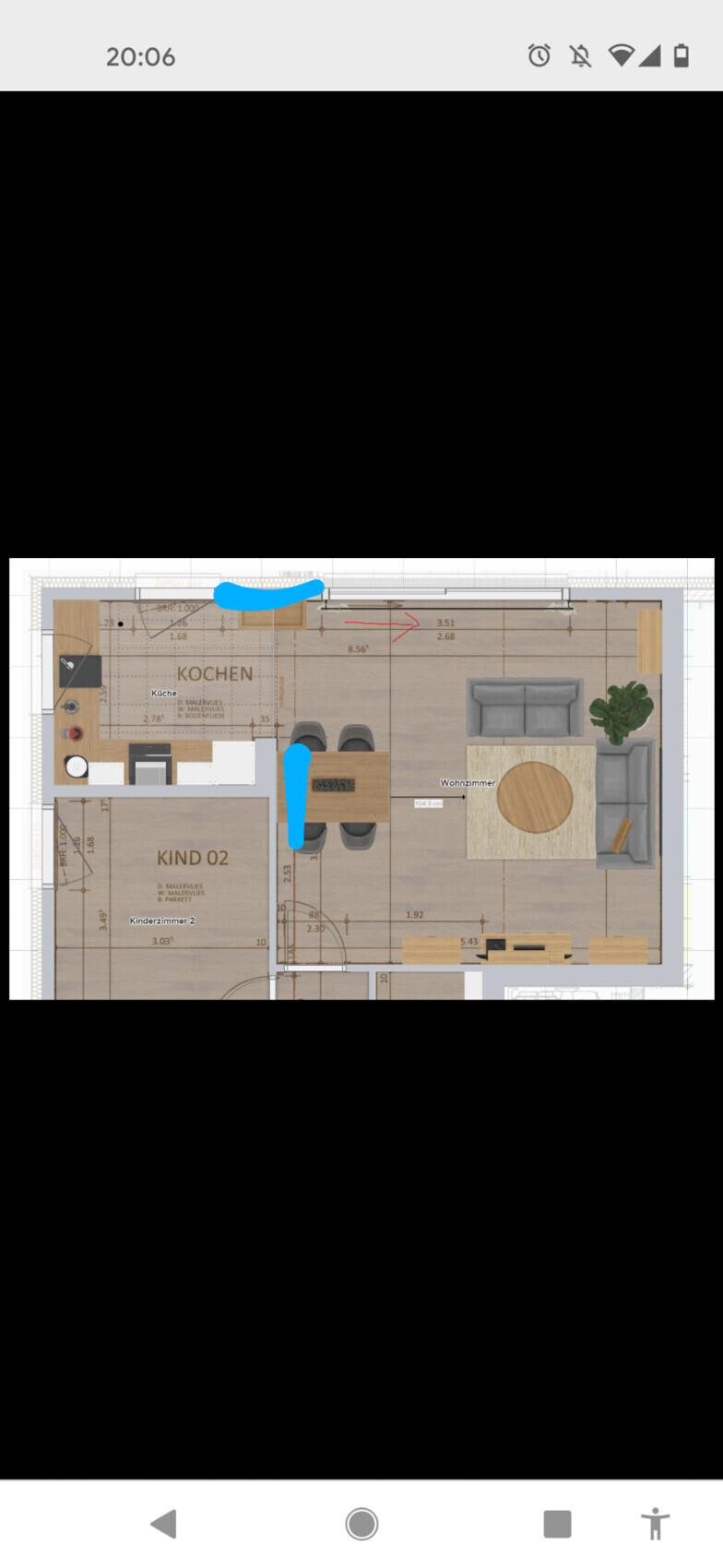 Grundriss einer Wohnung: Küche, KIND 02 (Kinderzimmer 2) und Wohnzimmer mit Sofa und Esstisch.
