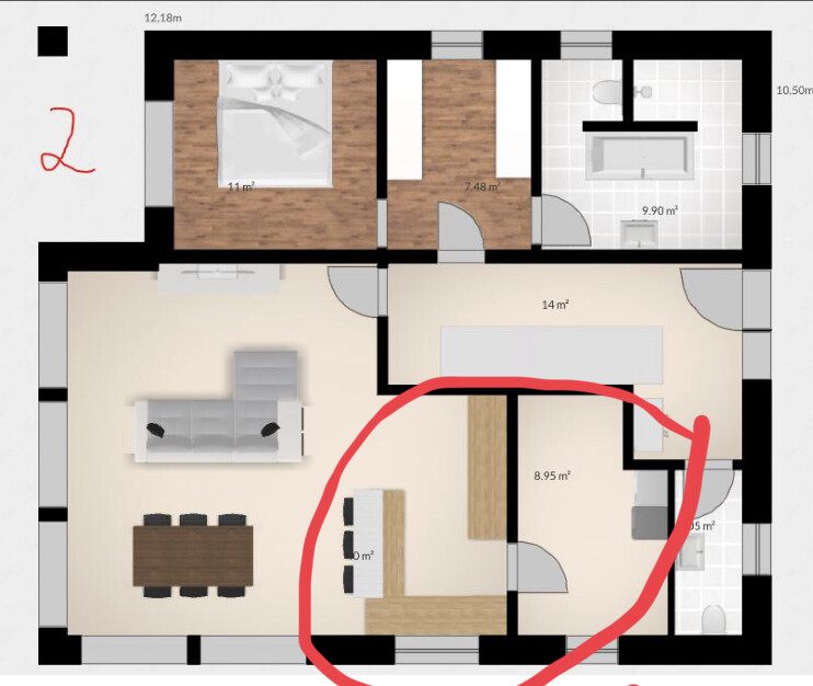 Grundriss eines Apartments: offener Wohn-/Essbereich, markierter Bereich mit Tisch und Stühle.