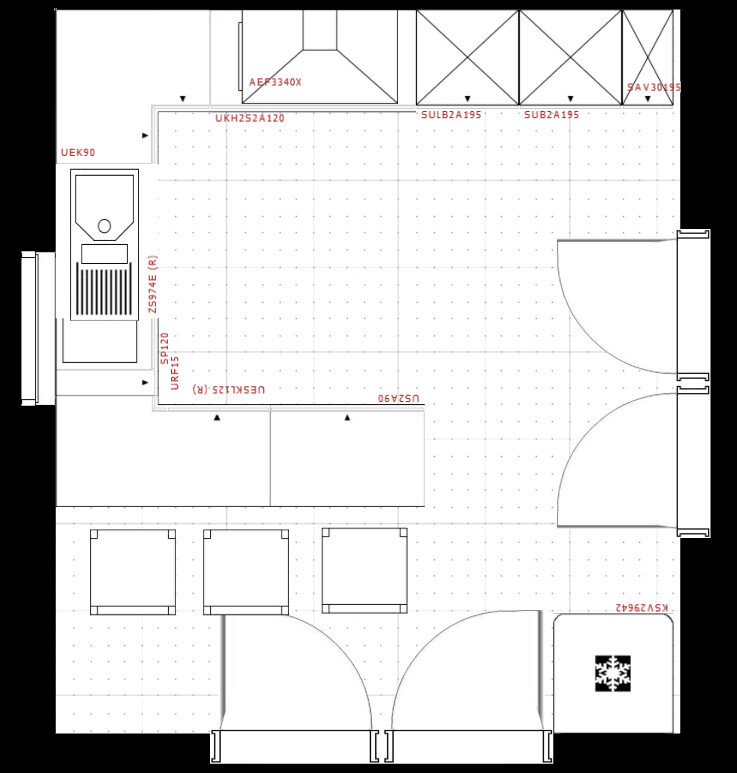 Grundriss eines Arbeitsraums mit Arbeitsplatten, Stühlen, Türen und einer Maschine.