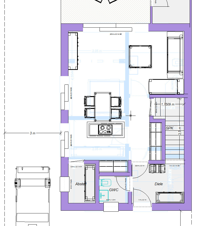 Grundriss eines Wohnbereichs: Küche mit Insel, Essplatz, Sofa, Diele und Treppenaufgang.
