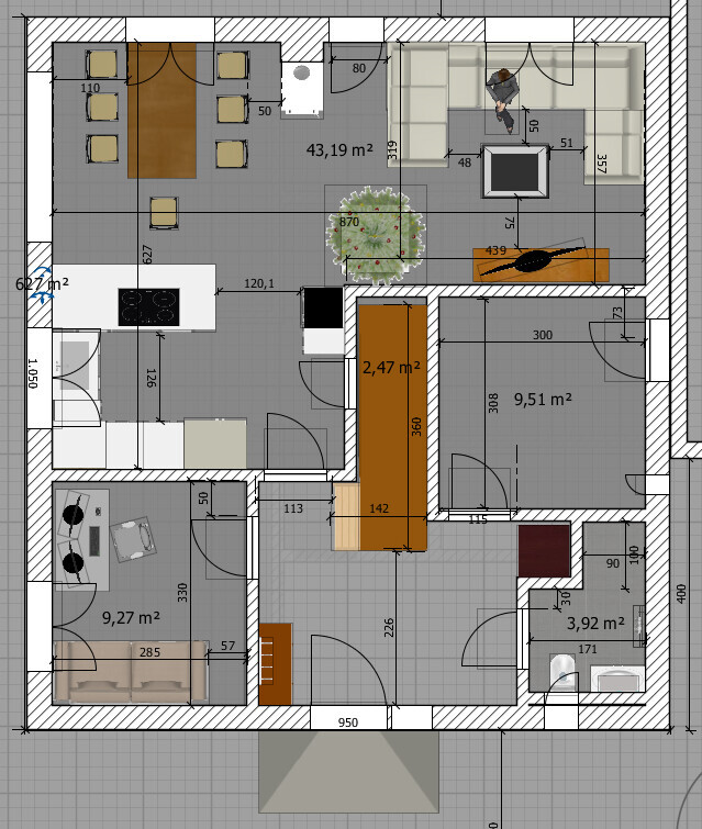 Detaillierter Grundriss eines Hauses: Küche mit Insel, Ess- und Wohnzimmer, Schlafzimmer, Bad.
