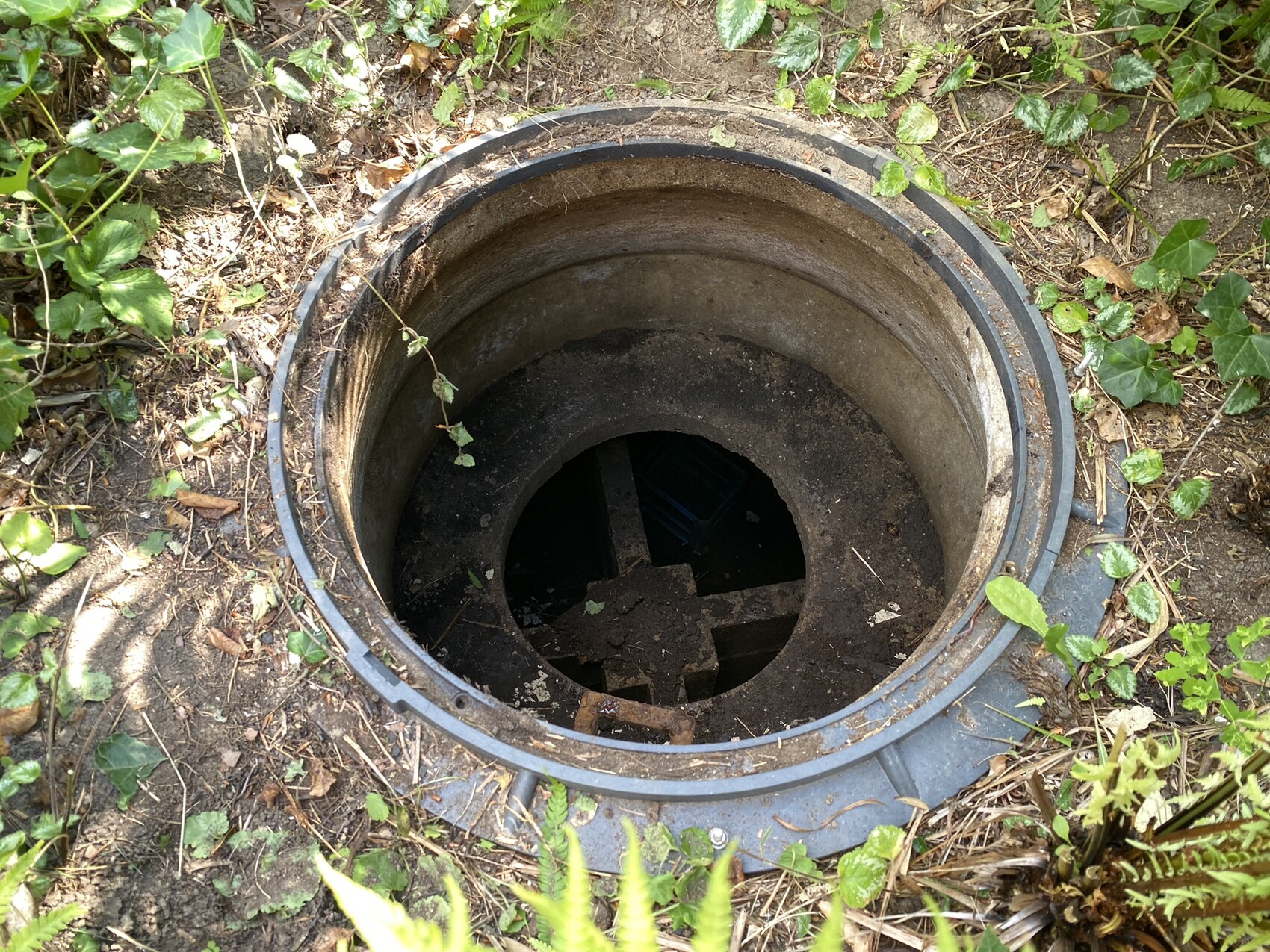 Offener Schachtdeckel im Garten mit Erdreich, Pflanzen und dunkler Kanal im Inneren.