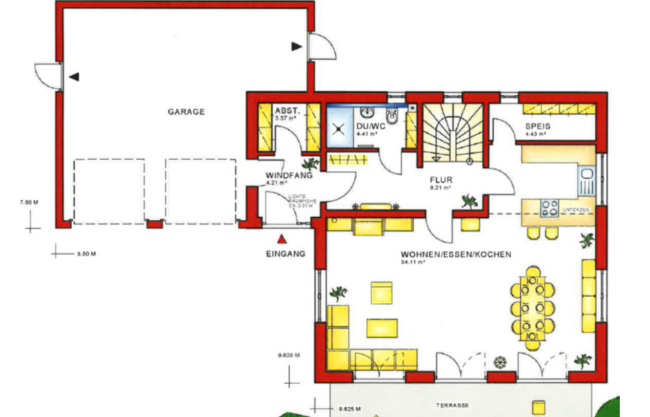 Grundriss eines Hauses: Eingang, Flur, Wohnzimmer/Essen/Kochen, Garage, Terrasse.