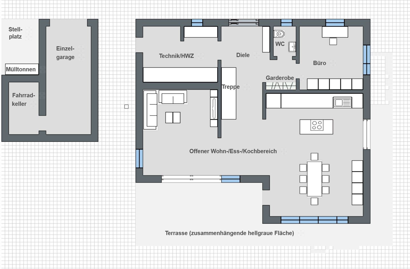 Grundriss eines Hauses mit offener Wohn-/Ess-/Kochbereich, Diele, Büro, Terrasse und Garage.
