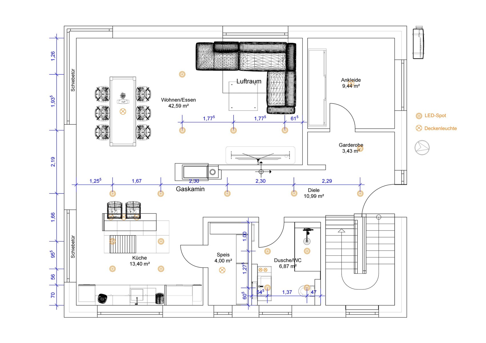 Grundriss eines Wohn-/Essbereichs mit Küche, Dusche/WC, Diele, Gaskamin und Garderobe