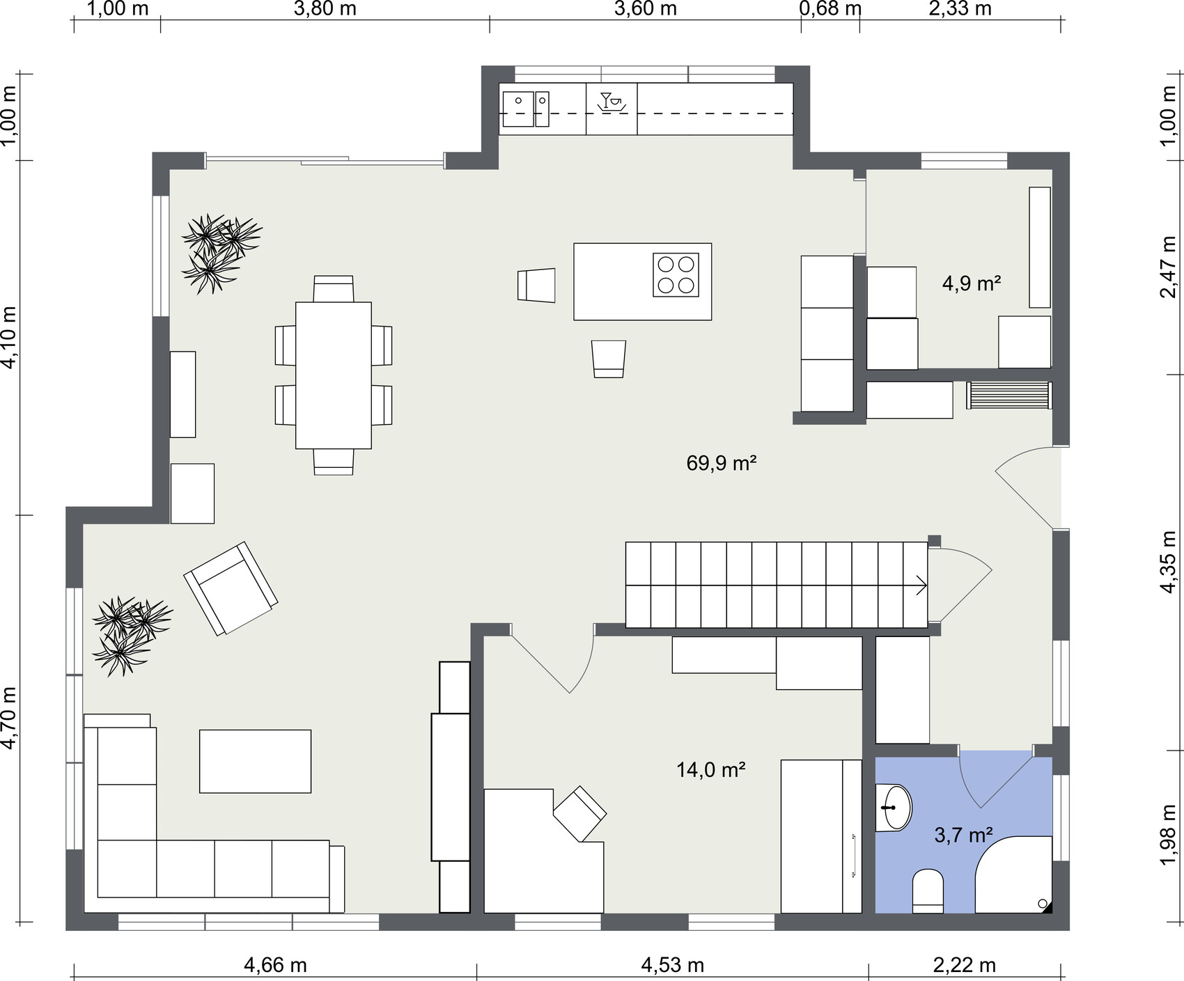 2D Grundriss eines Hauses mit offenem Wohnbereich, Küche, Essbereich und Bad