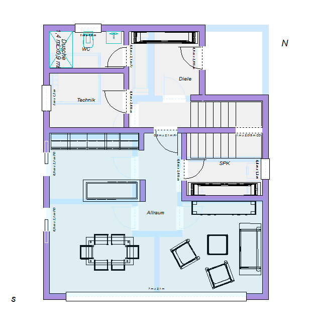 Grundriss eines Wohnungsgrundrisses mit Diele, Technik, Allraum, SPK, Treppe.
